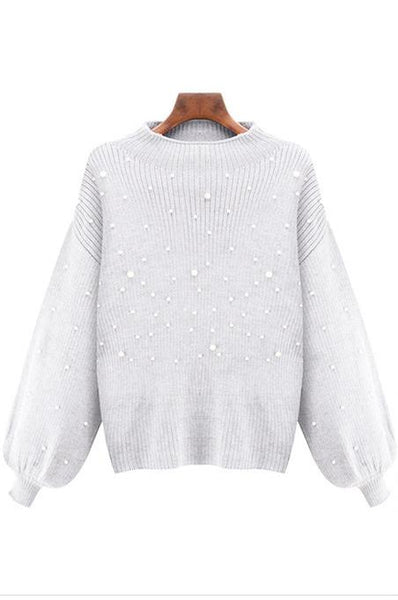 Casual Autumn Turtleneck Beading Knitted Pearl Pullover