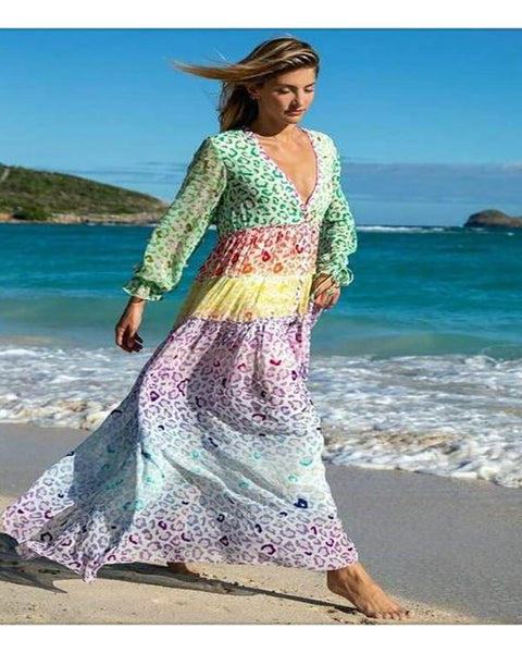 Stylish V-neck Long-sleeved Print Beach Dress