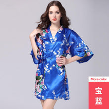 Load image into Gallery viewer, Silk nightgown women's summer mid sleeve peacock pajamas bathrobe large size home clothes 2
