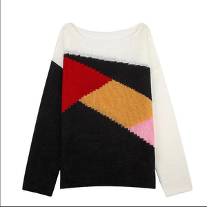 Casual Autumn Long Sleeve Loose Contrast Color Knit Sweater
