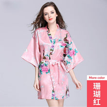 Load image into Gallery viewer, Silk nightgown women's summer mid sleeve peacock pajamas bathrobe large size home clothes 1
