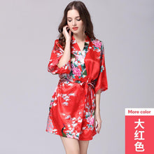 Load image into Gallery viewer, Silk nightgown women's summer mid sleeve peacock pajamas bathrobe large size home clothes 1
