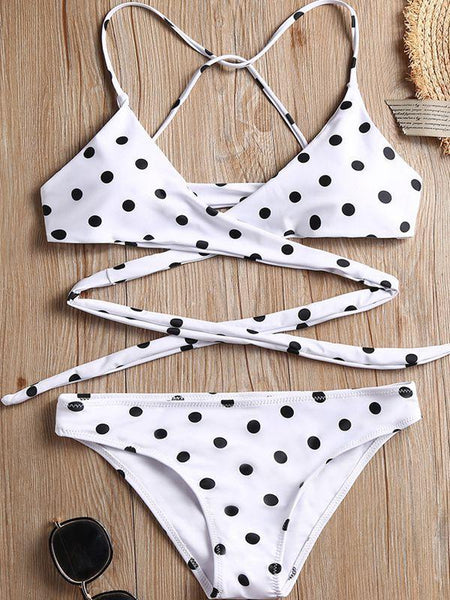 Split Dot Print Swimsuit Sexy Cross Strap Bikini