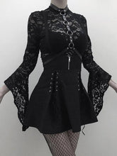 Load image into Gallery viewer, Woman Black Goth Sexy Lace Bodysuit Rompers A Line Skirt Suspender Lace Up See Through Club Wear
