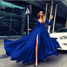 Load image into Gallery viewer, V Neck Long Sleeve Split Party Evening Maxi Dress
