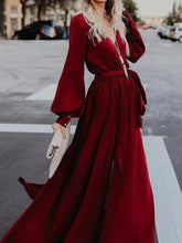 Load image into Gallery viewer, Lace V-Neck Split Long-Sleeved Ruffled Maxi Dress
