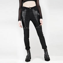 Load image into Gallery viewer, Casual Gothic Pants Women Halloween Sexy Leather Blet Patchwork Mid Cargo Pants Black Full Length Trousers
