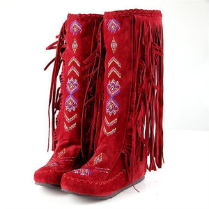 Spring and Autumn Women s Boots New Fashion Ethnic Fashion Casual Fringed Boots with flat-bottomed boots