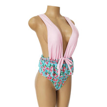 Load image into Gallery viewer, Ruffled Print V-neck Bow Ins Style One Piece Swimsuit
