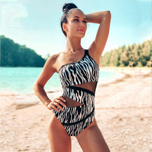 Load image into Gallery viewer, Sexy One Shoulder One Piece Swimsuit 2021 New Off Shoulder Mesh Patchwork Swimwear Bodysuit Bathing Suit Monokini
