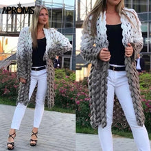 Load image into Gallery viewer, White Gray Patchwork Knitted Cardigan Women Elegant Hollow Out Long Sleeve Christmas Sweater Winter Fashion Outwear Coat
