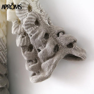 White Gray Patchwork Knitted Cardigan Women Elegant Hollow Out Long Sleeve Christmas Sweater Winter Fashion Outwear Coat