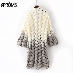 White Gray Patchwork Knitted Cardigan Women Elegant Hollow Out Long Sleeve Christmas Sweater Winter Fashion Outwear Coat