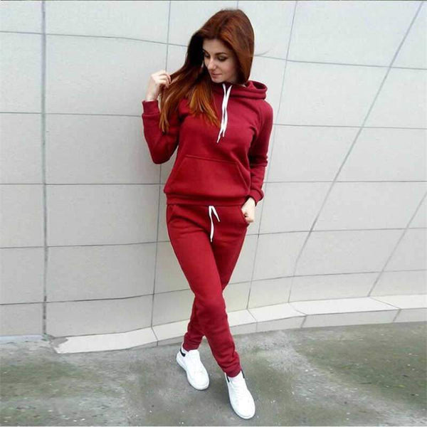 Autumn Winter Suit Casual  Women's Suit Loose Patchwork Hoodies and Long Pants 2 Pcs  Lantern Sleeve Big Size Female Sets