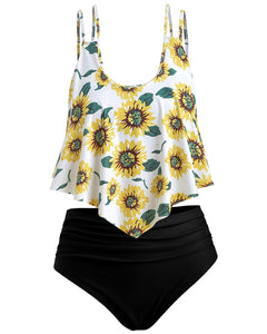 Summer High Waist Sunflower Print Split Swimsuit