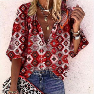 Square Floral Blouse Women Plus Size Long Sleeve Streetwear Buttons Top Shirt