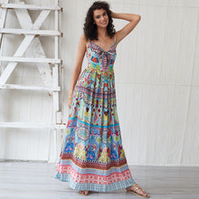 Load image into Gallery viewer, Bohemian Cartoon Printed Strap Maxi V Neck Vintage Chic Summer Beach Casual Ladies Sexy Dress
