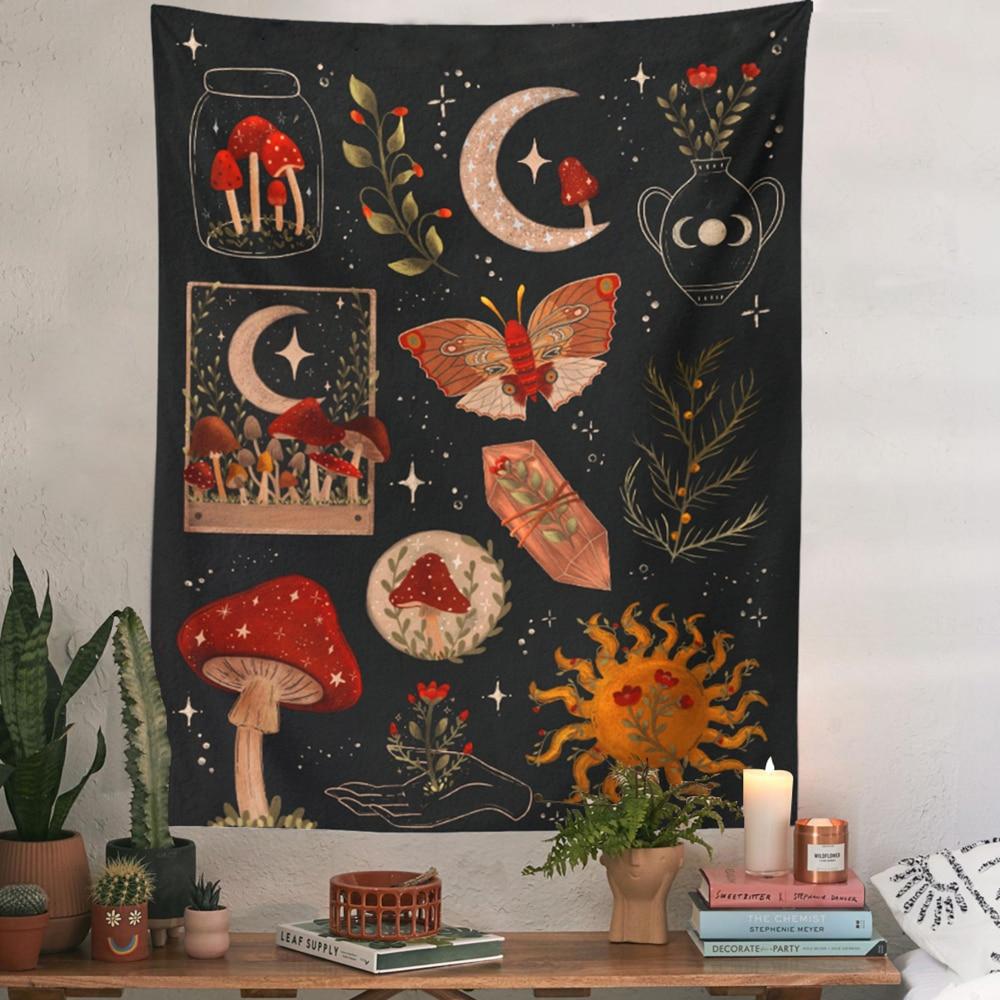 Botanical Cactus Tapestry Wall Hanging Moon Starry Mushroom Chart Hippie Bohemian Tapestries Psychedelic Witchcraft Home Decor