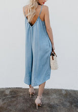 Load image into Gallery viewer, Casual Pockets Spaghetti Strap Backless V-neck Plus Size Blue Wide Leg Jumpsuit
