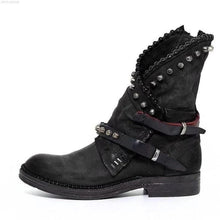 Load image into Gallery viewer, Autumn Winter Woman Mid-Calf PU Leather Round Toe Shoes Low Heel Rivet Cool Motorcycle Boots
