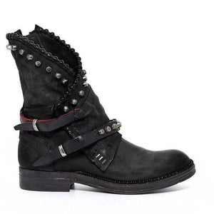 Autumn Winter Woman Mid-Calf PU Leather Round Toe Shoes Low Heel Rivet Cool Motorcycle Boots