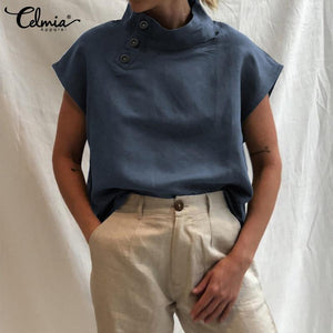 Celmia Stylish Tunic Tops Plus Size Women Short Sleeve Summer Blouses Buttons Solid Cotton Linen Tops Casual Loose Blusas Femme