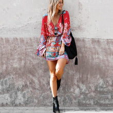 Load image into Gallery viewer, Boho Floral Printed Flare Long Sleeve Drawstring Waist Mini Dress
