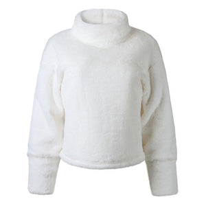 Casual Long Sleeve Turtleneck White Soft Plush Pullover Tops