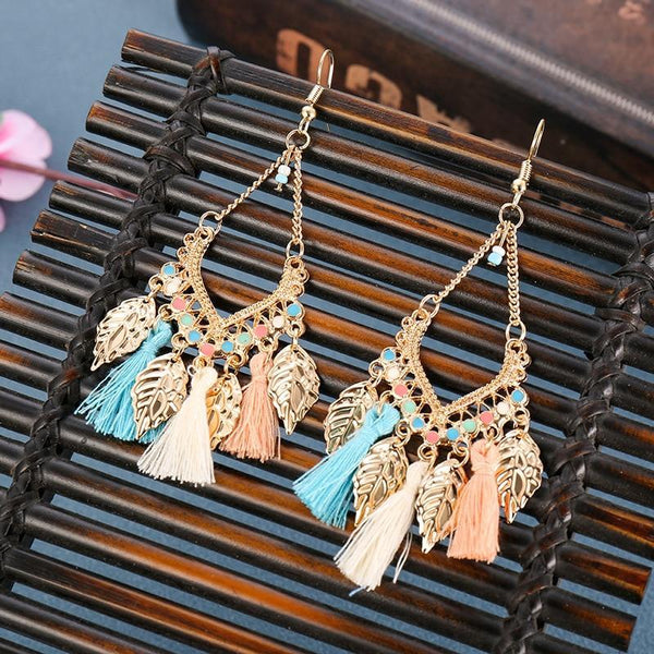 Fashion Women Corful Boho Tassel Earrings Tibetan Jewelry Brincos Bijoux Vintage Bohemia Gold Alloy Leaf Tassel Drop Earrings