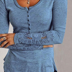 Fashion Women Spring Long Sleeve Button Tshirts Plus Size Sexy V-neck Hollow Out Lace T-Shirt Loose Casual Pullovers Tops