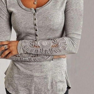 Fashion Women Spring Long Sleeve Button Tshirts Plus Size Sexy V-neck Hollow Out Lace T-Shirt Loose Casual Pullovers Tops