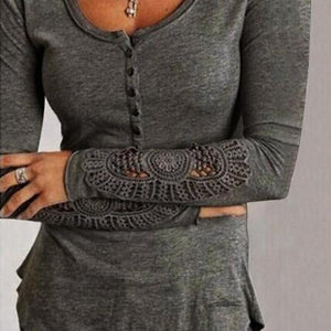 Fashion Women Spring Long Sleeve Button Tshirts Plus Size Sexy V-neck Hollow Out Lace T-Shirt Loose Casual Pullovers Tops