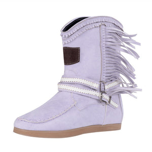 Fringe Midden Laarzen Vrouwen Sexy Kwastje Laarzen Mode Gesp Motorlaarzen Platte Hak Laars Vrouwen Cowboy Stijl  Boot