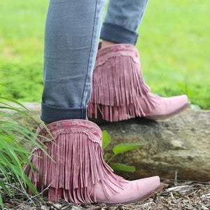 Women Slip On Retro Square Heel Solid Color Suede Boots Point Toe Tassel Shoes