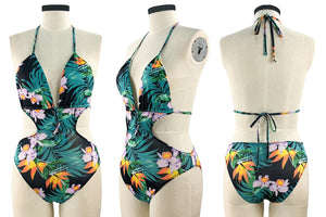 2020 Women Summer Sexy Swimsuit Blue Print Cutout One Piece Jumpsuit