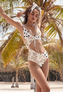 Miyouj Asymmetric Splicing Swimsuit Female String Fashion Swimwear Women Bathing Suit Floral Print One Piece Suits