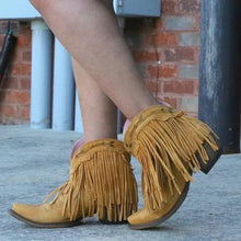 Load image into Gallery viewer, Women Slip On Retro Square Heel Solid Color Suede Boots Point Toe Tassel Shoes
