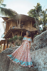 Off-the-shoulder Bohemia Maxi Chiffon Floral Print Dress Beach Style Vacation Dress