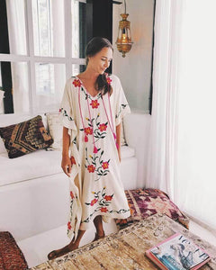 Boho Floral Embroidered V-neck Tassel Batwing Long Sleeve Maxi Kaftans Dress