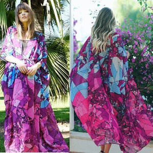 Floral Purple Chiffon Batwing Sleeve Beach Kimono With Belt Dress Cover-up