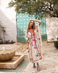 Boho Floral Embroidered V-neck Tassel Batwing Long Sleeve Maxi Kaftans Dress