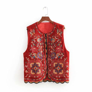 Boho Autumn Orang Floral Embroidery Sleeveless Outerwear Jacket