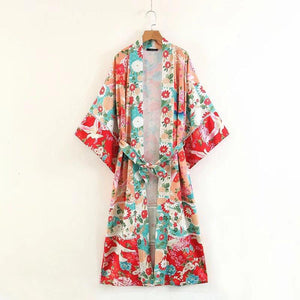 Boho Patchwork Maxi Floral Print Long Batwing Sleeve Belt Cover-up