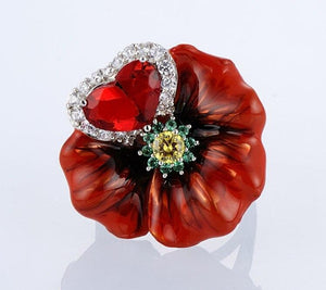 Enamel Cloisonne Red Flower Leaf Heart Cubic Zirconia Luxury Jewelry For Women Big Gift For Girls Engagement Rings