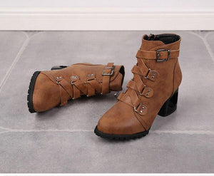 Women  Ankle Pumps PU Leather Toe Boots Solid Autumn Winter  High-heeled Shoes