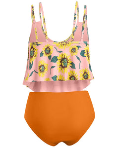 Summer High Waist Sunflower Print Split Swimsuit