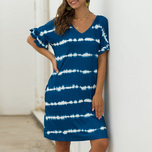 Summer Women Short Sleeve Loose Wavy Stripes Mini Dress