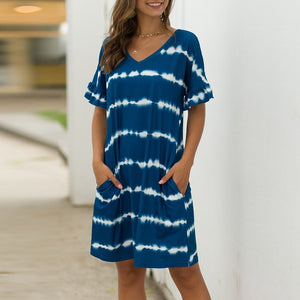Summer Women Short Sleeve Loose Wavy Stripes Mini Dress