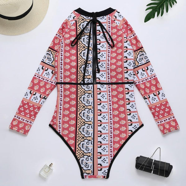 Print Floral One Piece Swimsuit Long Sleeve Swimwear Vintage One-piece Surfing Swim Suits