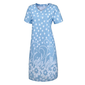 Summer Dot Floral Print V-Neck Short Sleeves Midi Dress